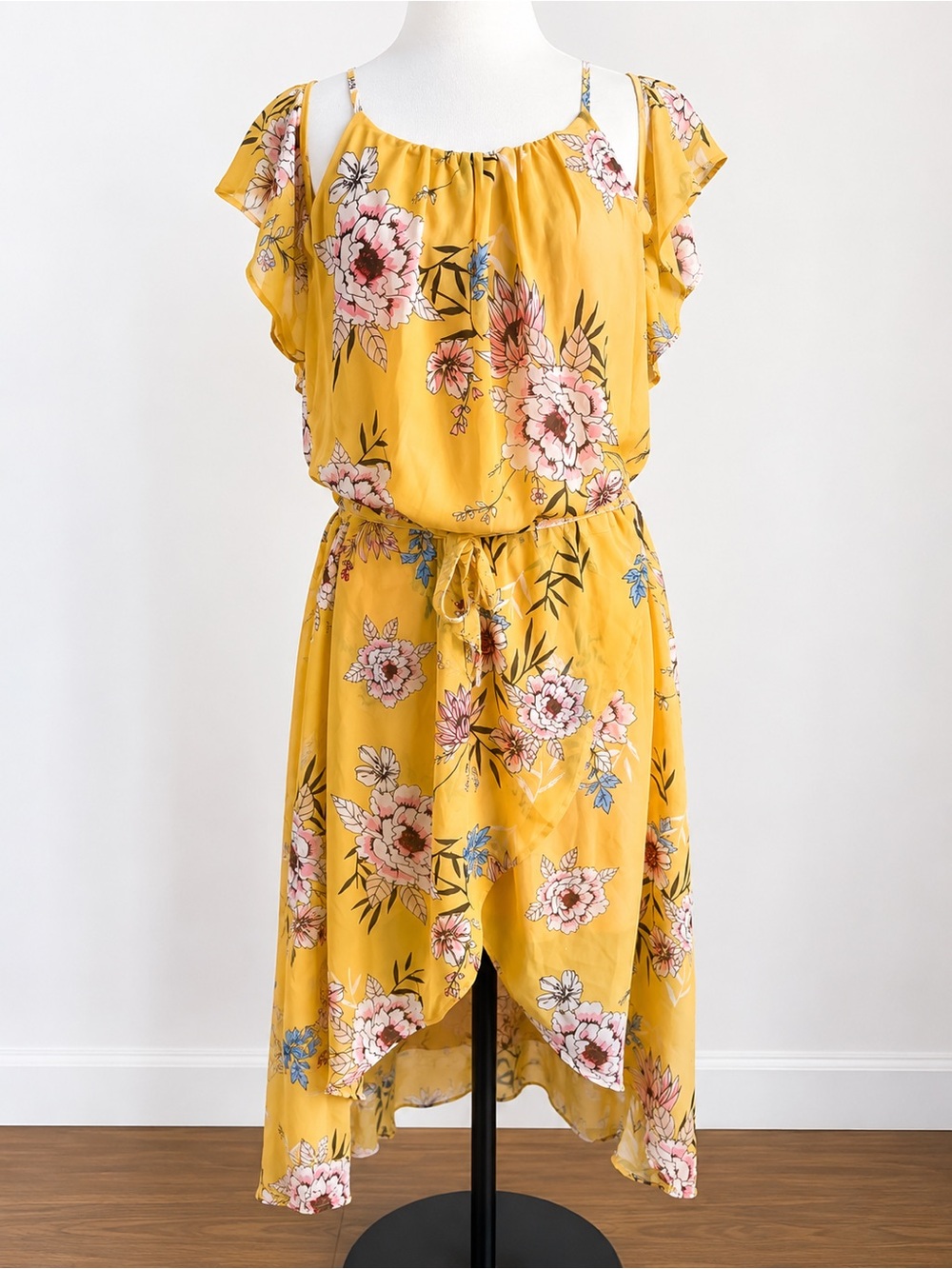 Maurices off yellow Floral High-Low Tie-Waist Dress